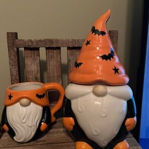 Halloween ceramic gnome cookie jar and mug.